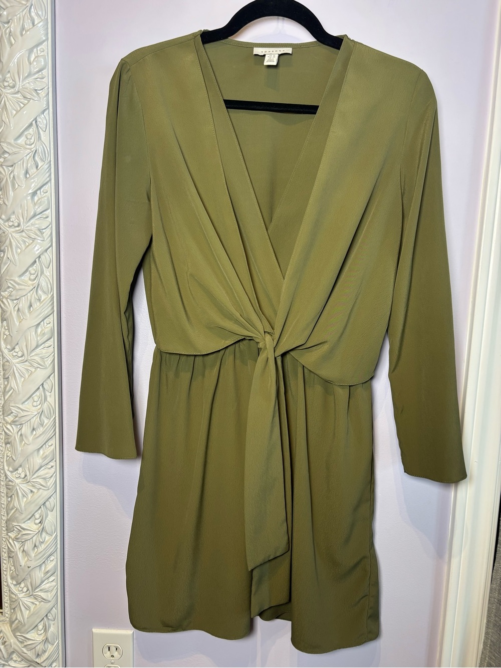 Topshop Olive Tie-Front Long Sleeve Dress